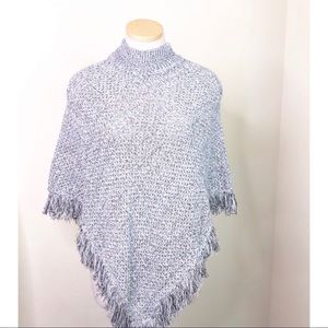 Vintage Gray Marled Knit Mock Neck Fringe Poncho